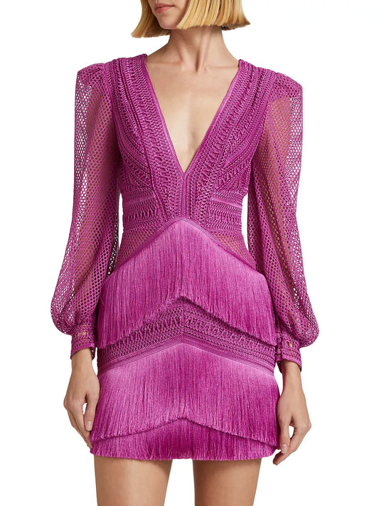 Fringe Cut-Out Mini Dress in Cerise - FINAL SALE