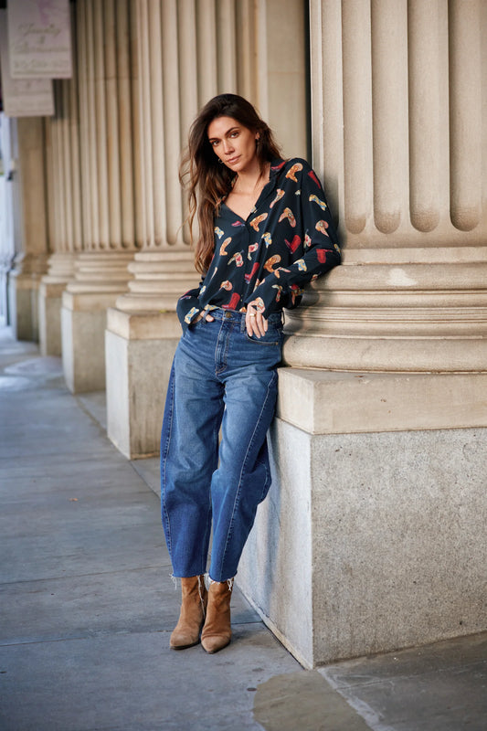 Daria French Cuff Silk Blouse in Boots Print