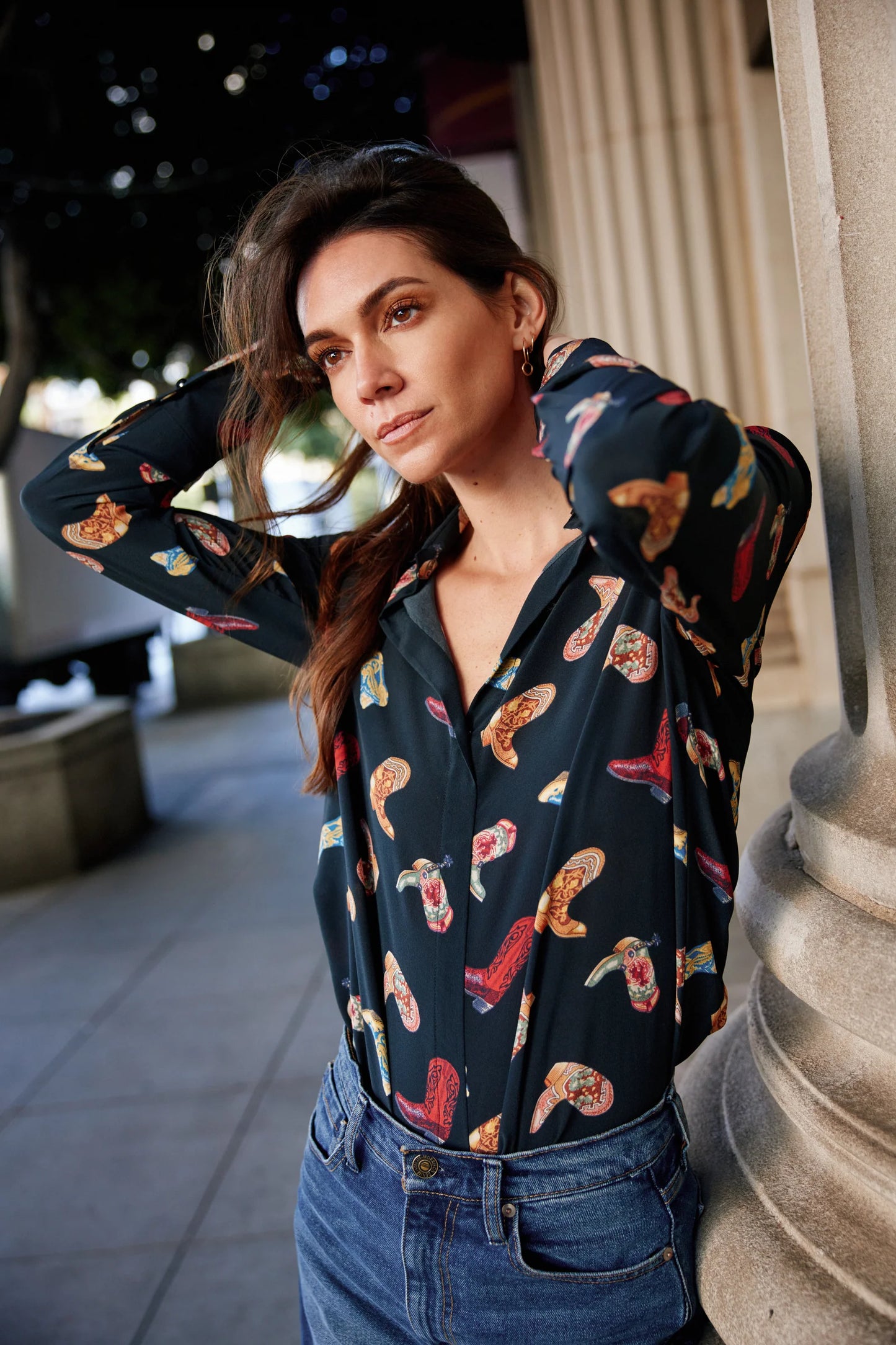 Daria French Cuff Silk Blouse in Boots Print