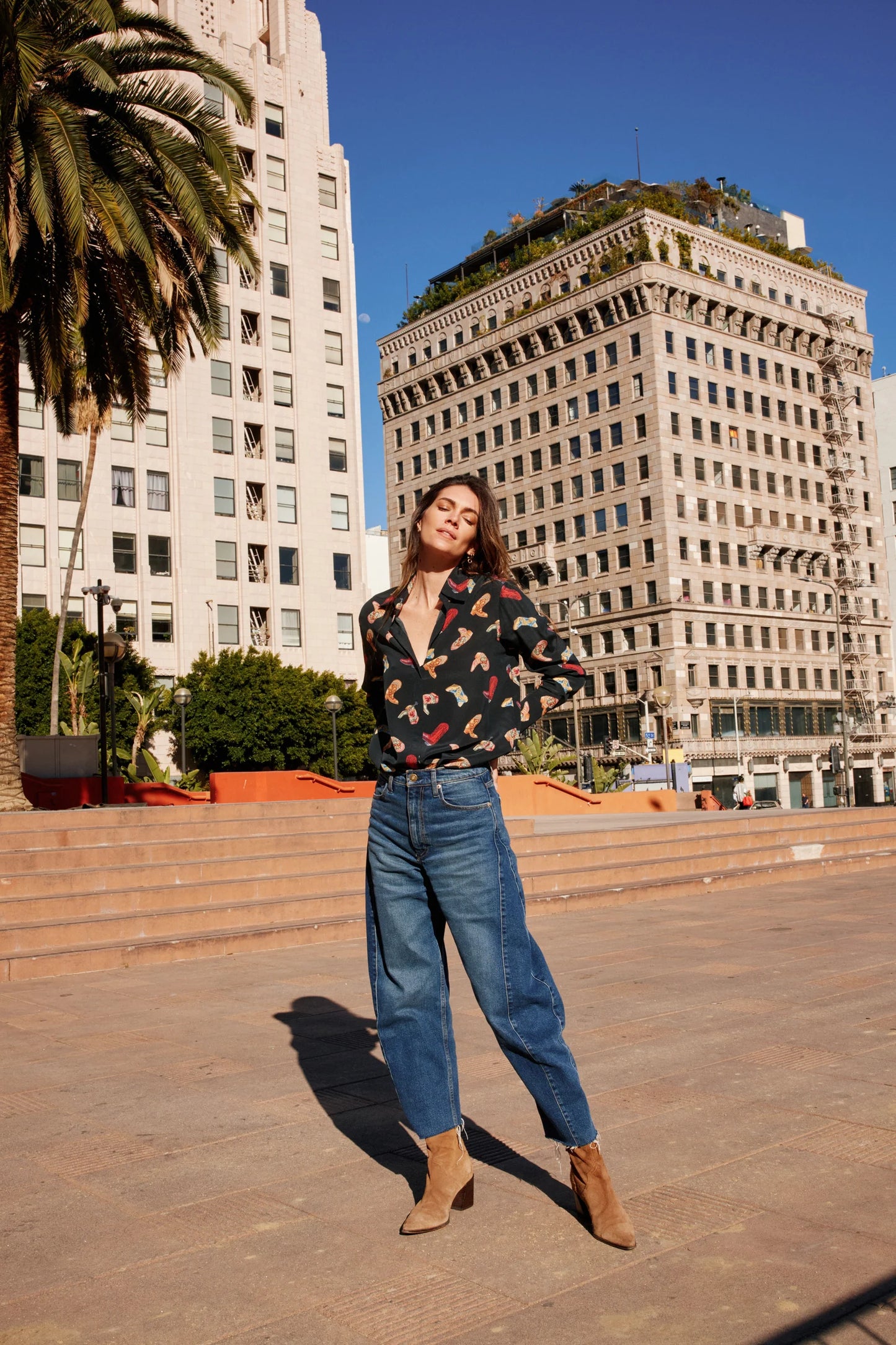 Daria French Cuff Silk Blouse in Boots Print