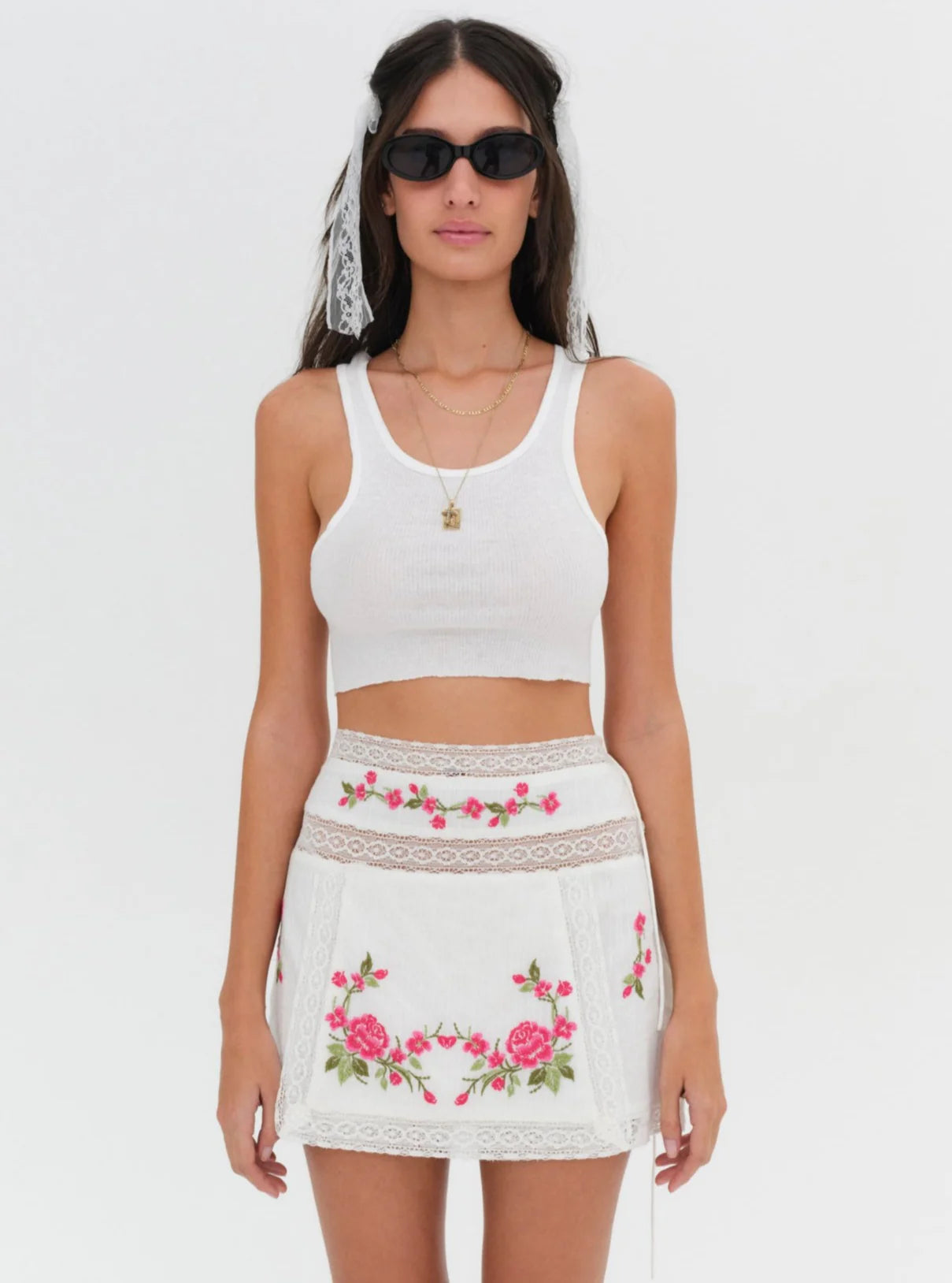 Jolene Embroidered Mini Skirt in White - FINAL SALE