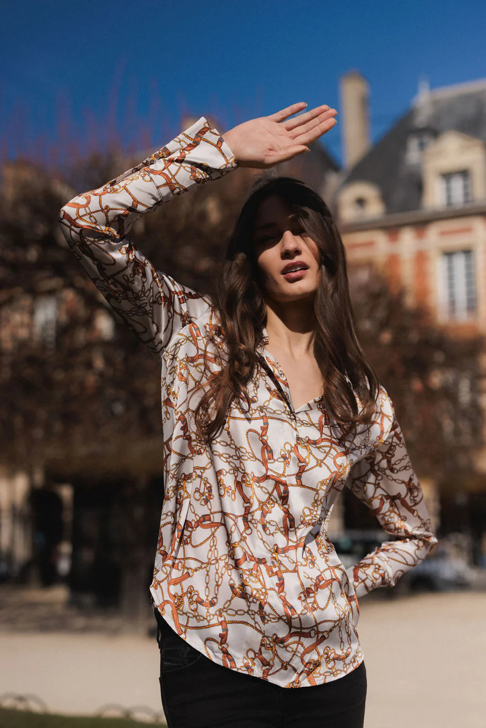 Daria French Cuff Silk Blouse in Belgrano