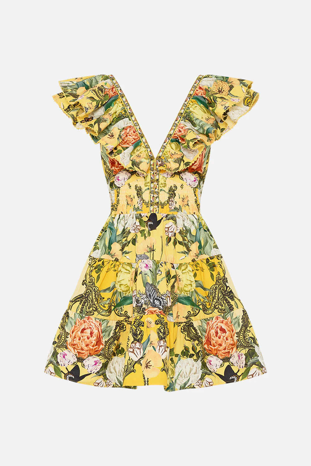 Tiered Short Dress With Neck Frill in Paths of Gold