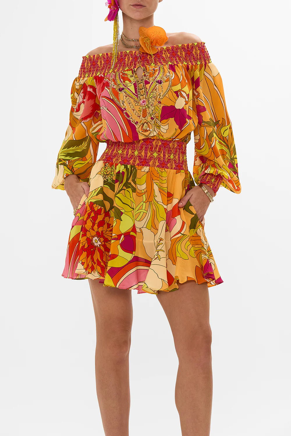 Off Shoulder Short Dress in The Flower Child Society - FINAL SALE