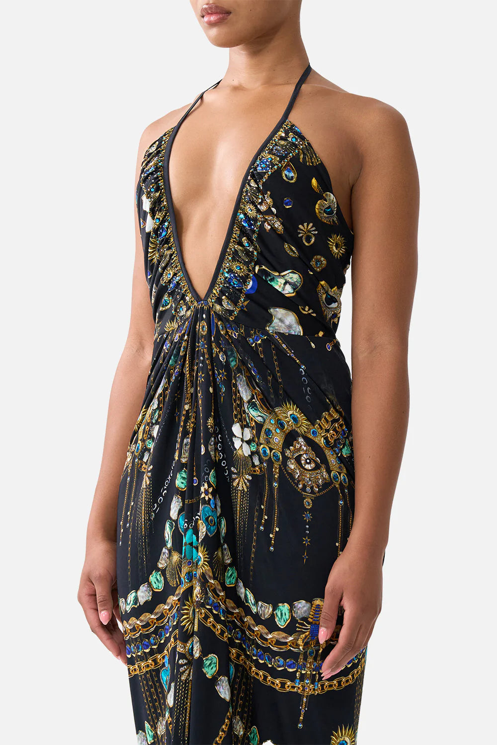 V Neck Gathered Jersey Dress