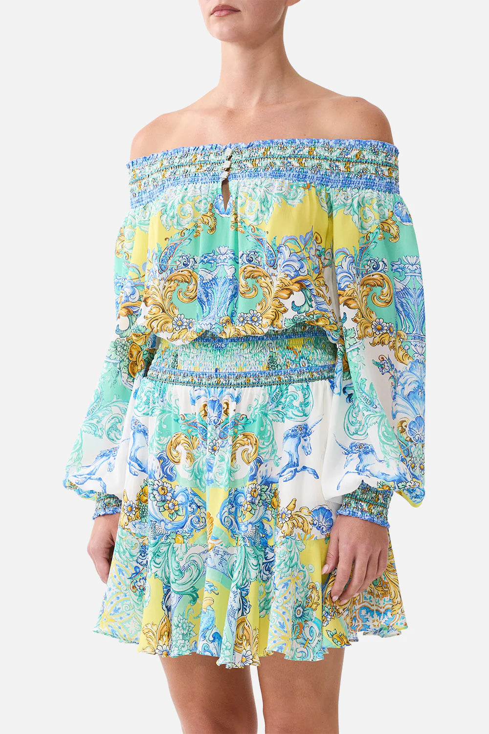 Camilla Off Shoulder Short Dress in Dial Up The Tiles