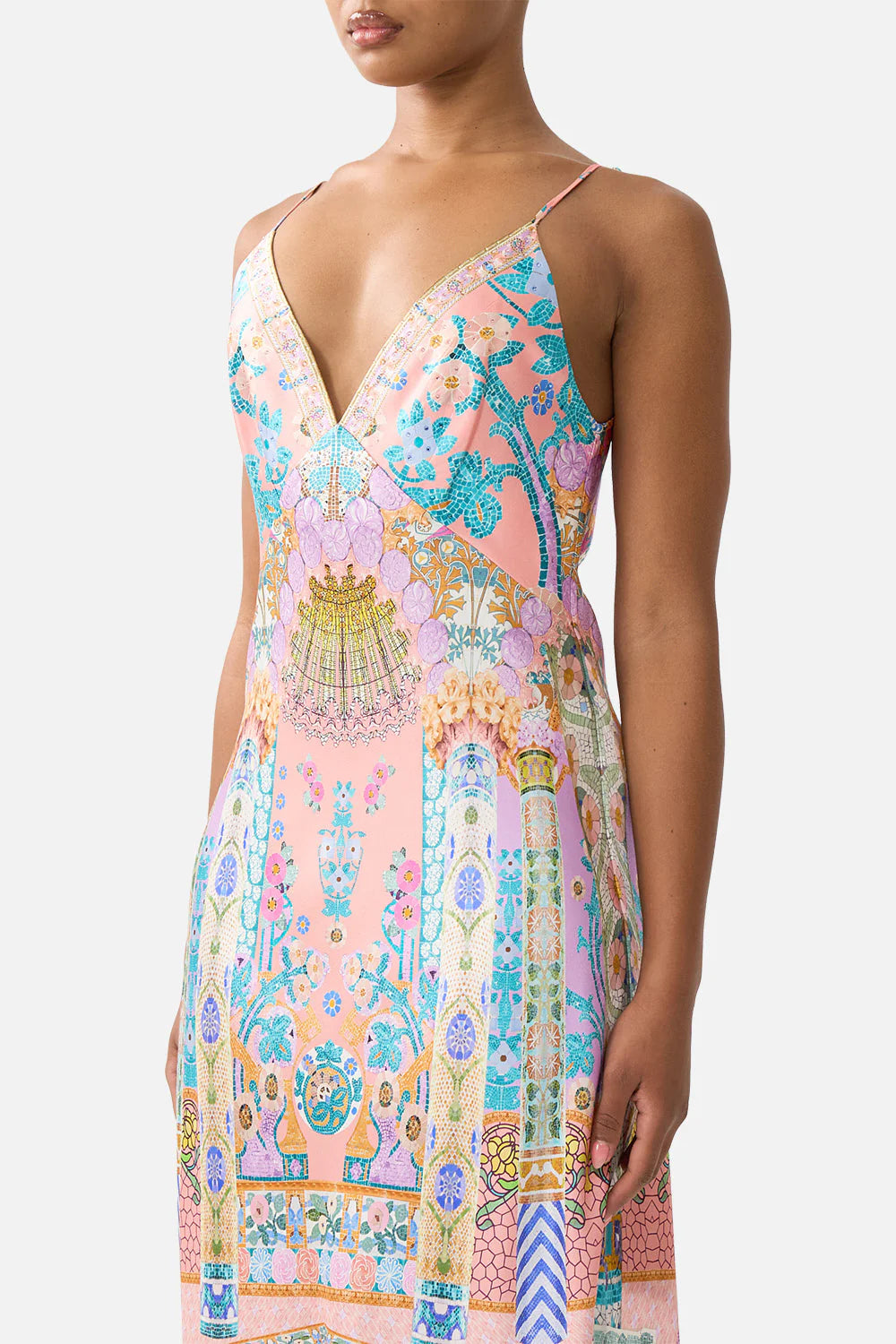 V Neck Full Length Bias Slip Dress