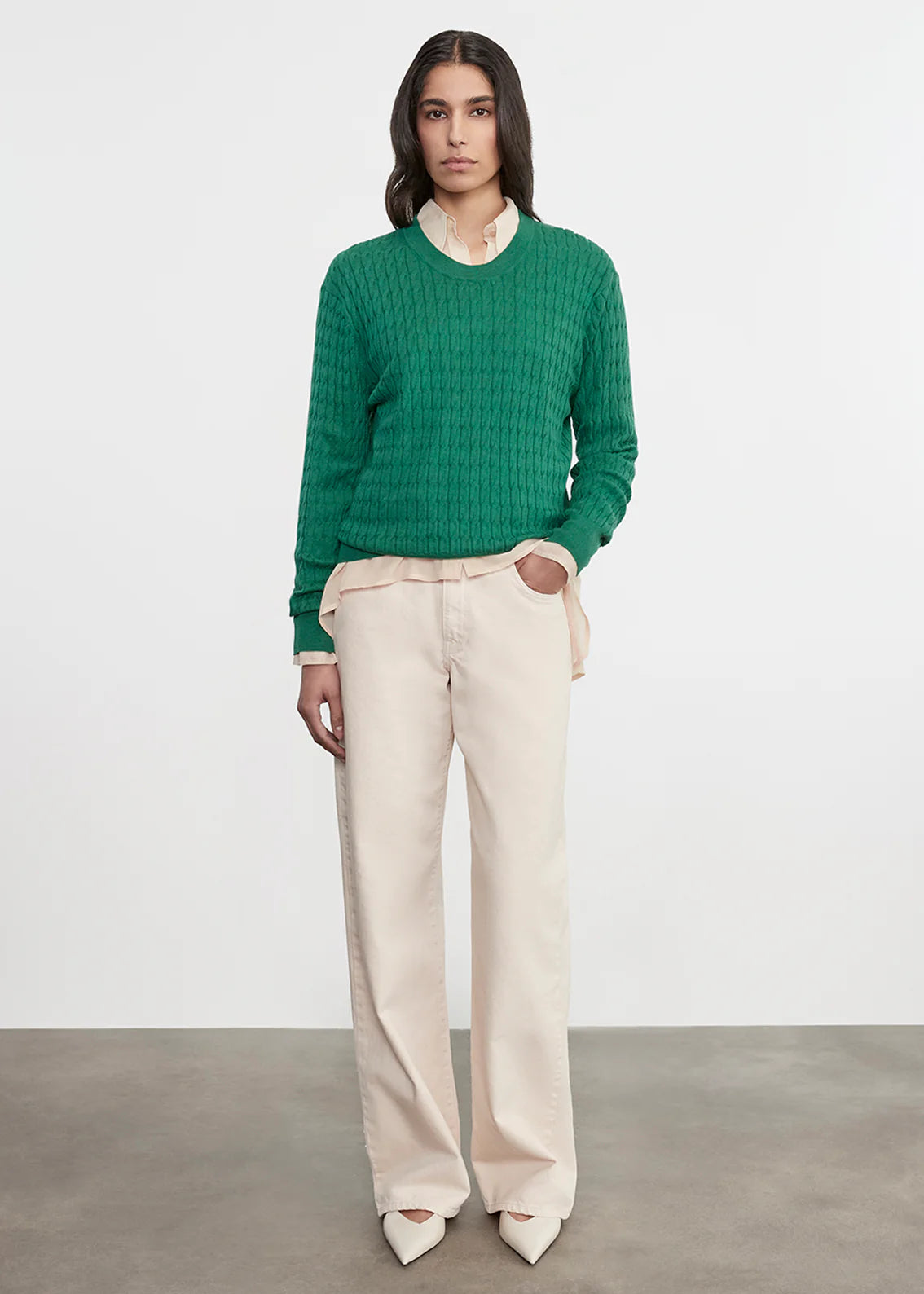 Cashmere Cotton Cable Knit Easy Crew