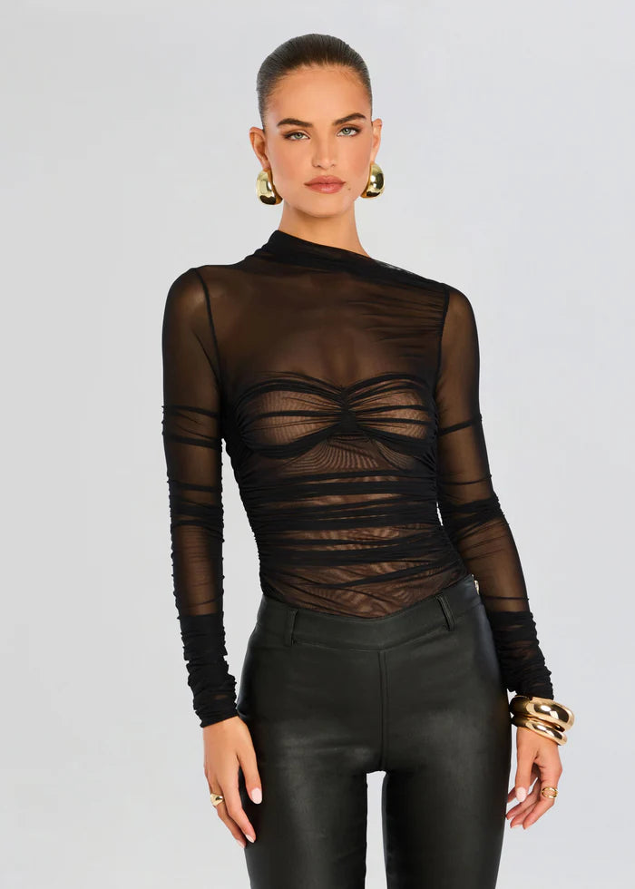 SEROYA Mila Ruched Bodysuit with Asymetric Neck in Black