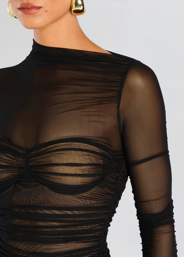 SEROYA Mila Ruched Bodysuit with Asymetric Neck in Black