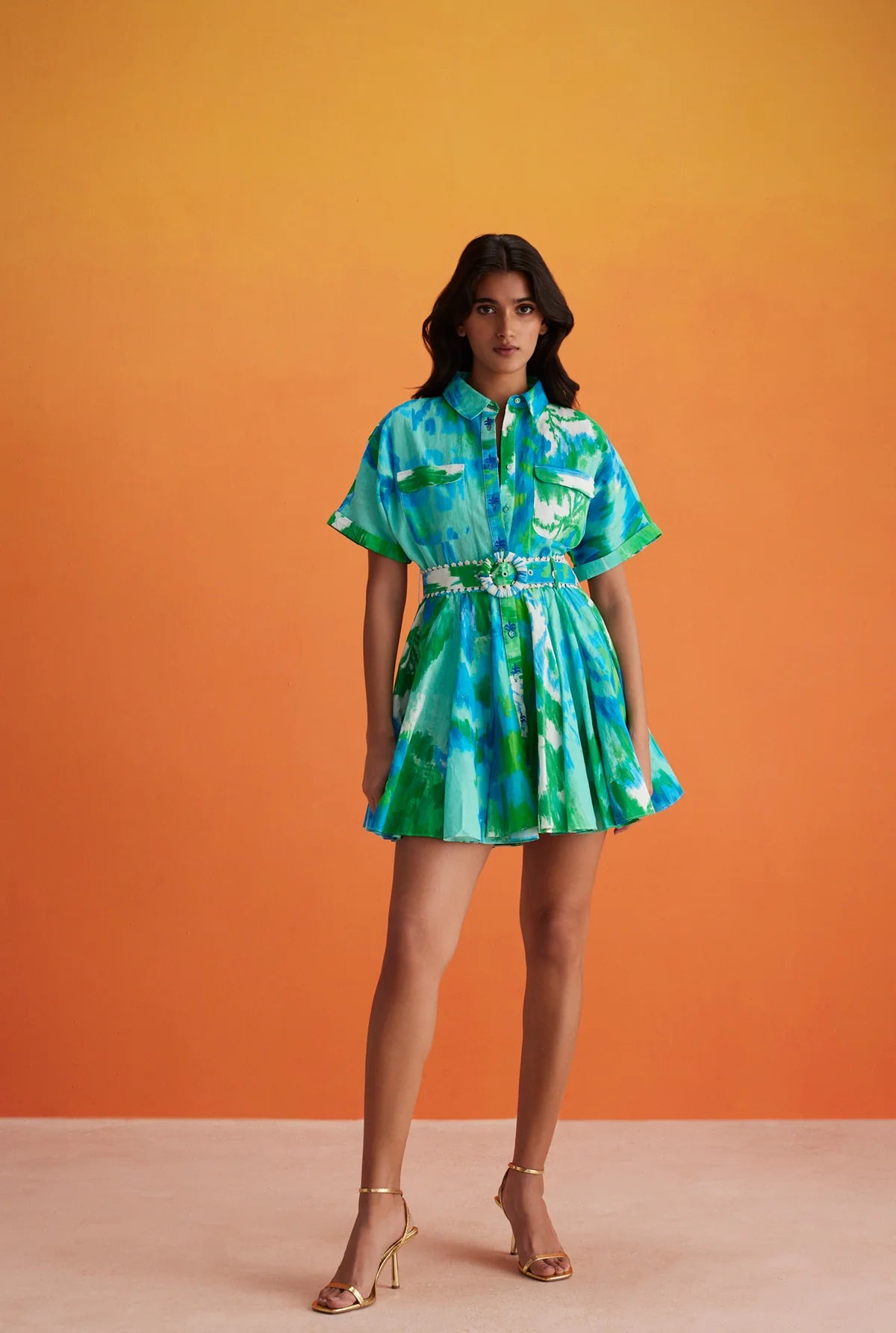 Hemant and Nandita Women's Belted Mini Shirt Dress - Blue - Size M - Blue/Green Hemant and Nandita Women's Belted Mini Shirt Dress - Blue - Size M - Blue/Green
