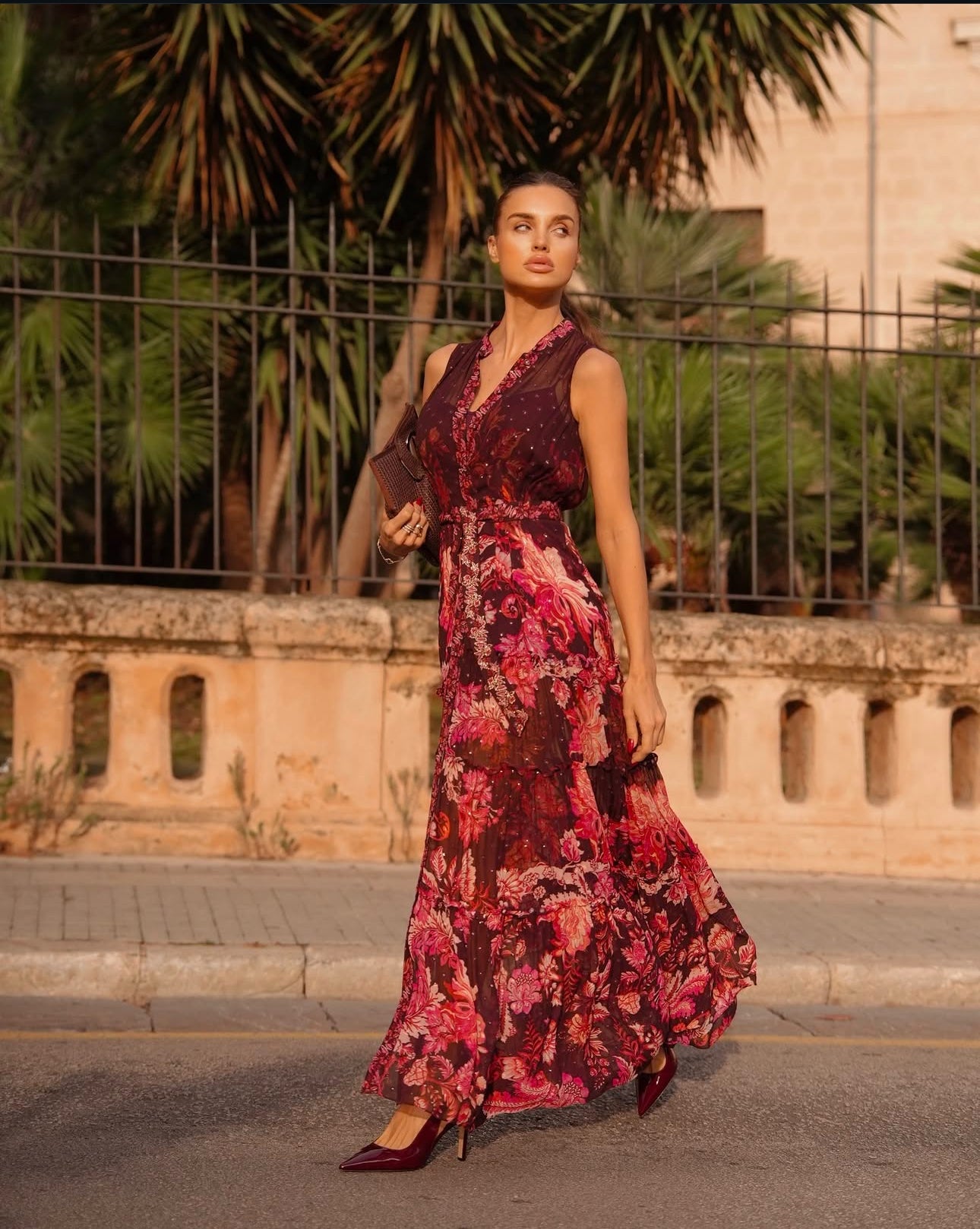 Aafa Long Dress in Red Beige Aafa Long Dress in Red Beige