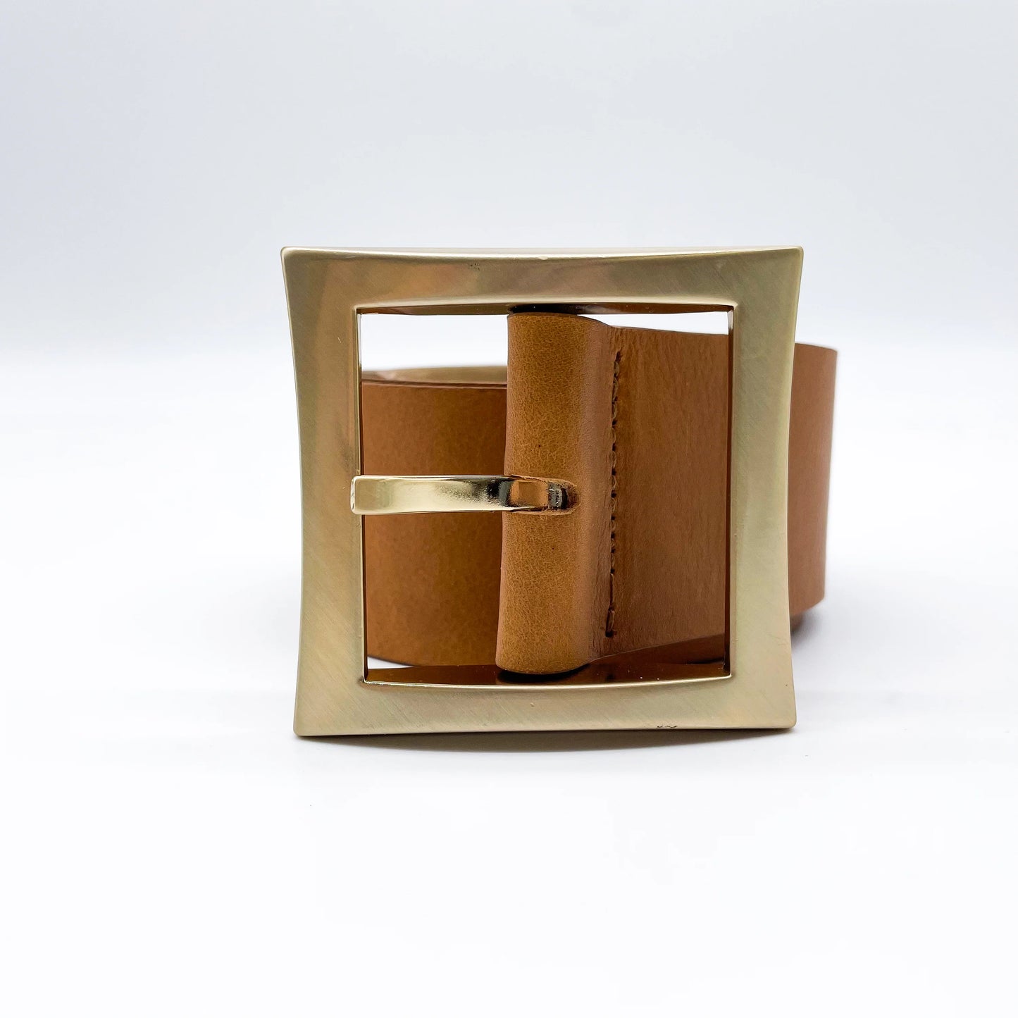 Della - Elegant Woman's Wide Waist Belt Cognac Leather in Satin Gold Buckle