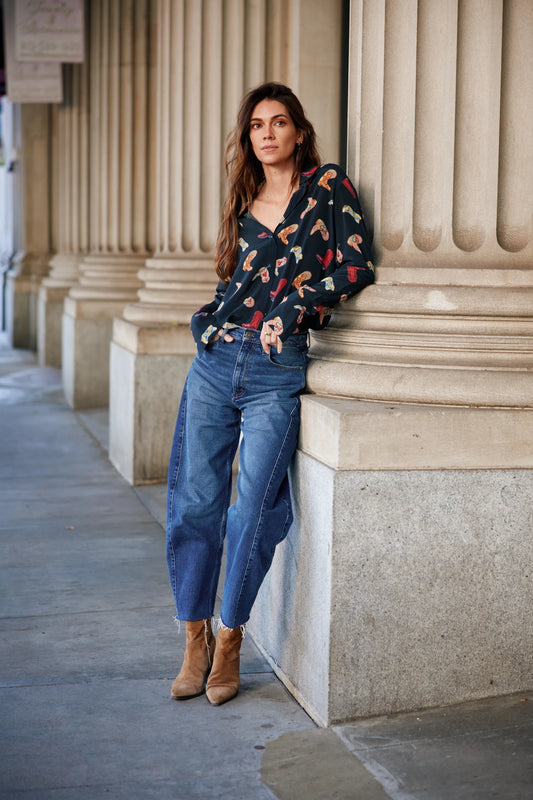 Daria French Cuff Silk Blouse in Boots Print