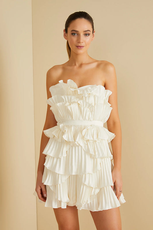 Reed Pleated Shell Mini Dress in Ivory - FINAL SALE