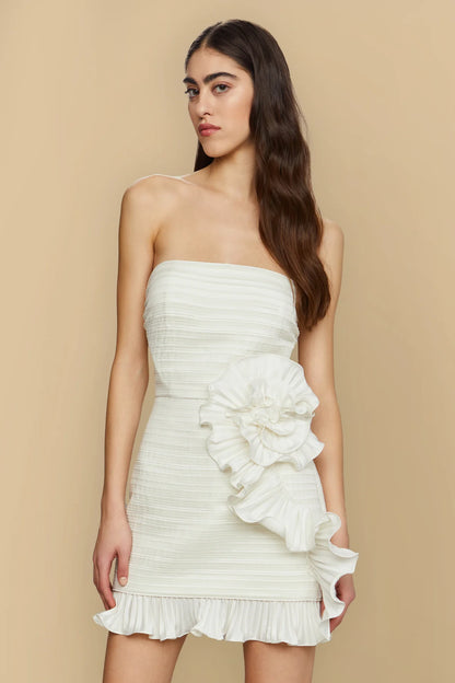ruched rosette ruffle mini dress AFRM Zami Ruched Rosette Off-The-Shoulder Mini Dress