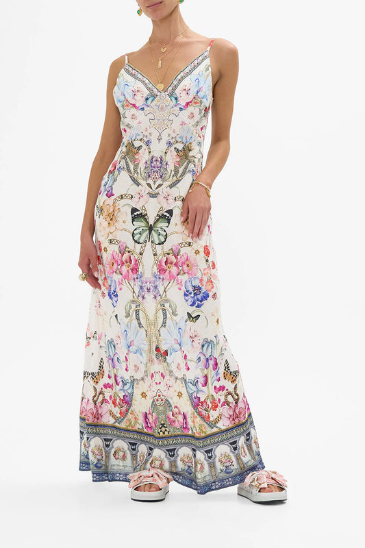 V Neck Full Length Bias Slip Dress