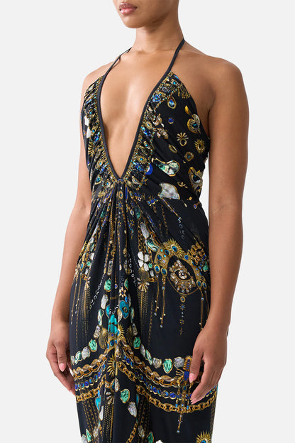 V Neck Gathered Jersey Dress