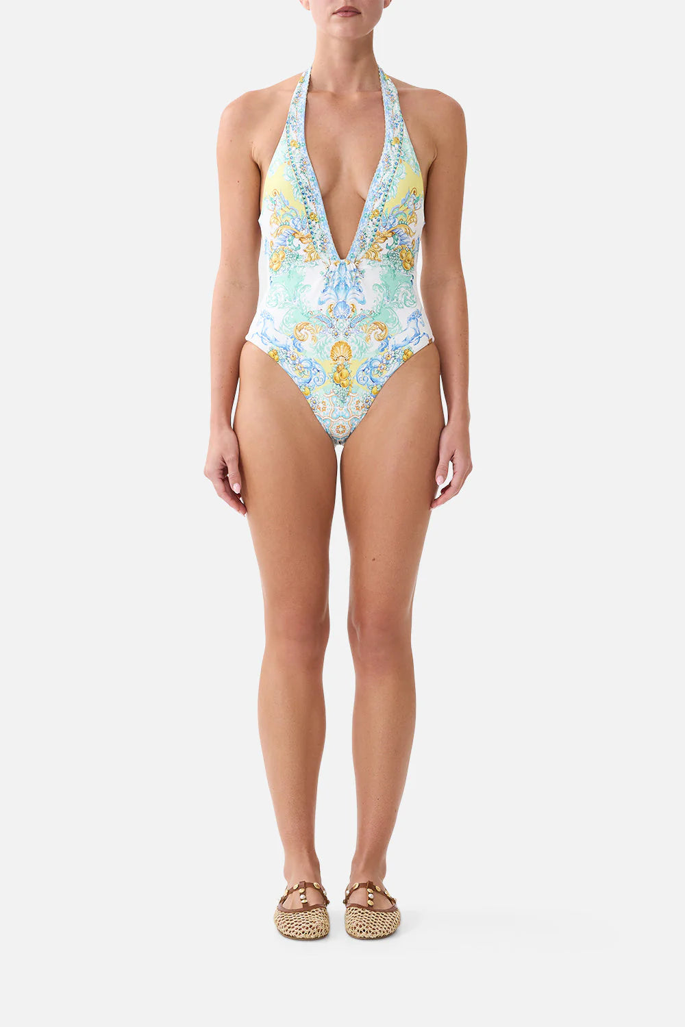 Plunge Halter One Piece With Bar Front Trim