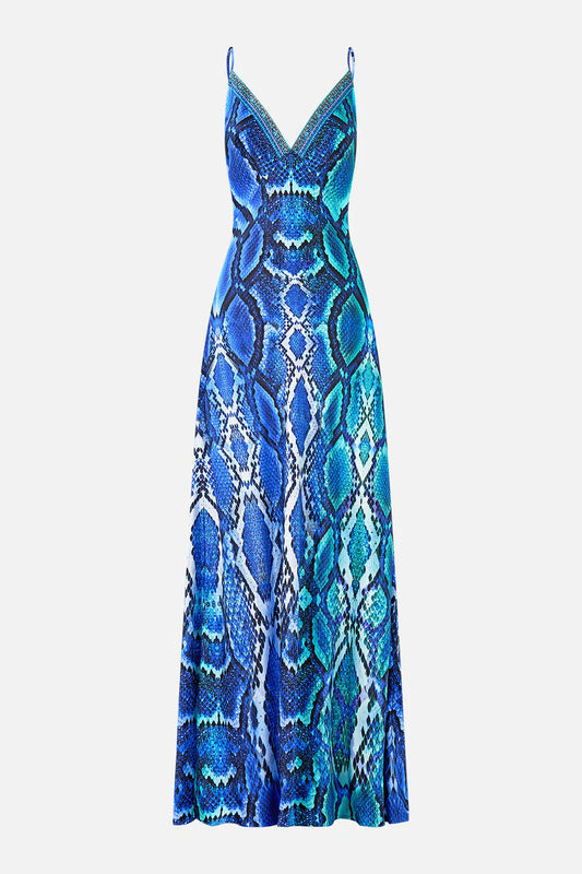 V Neck Full Length Bias Slip Dress