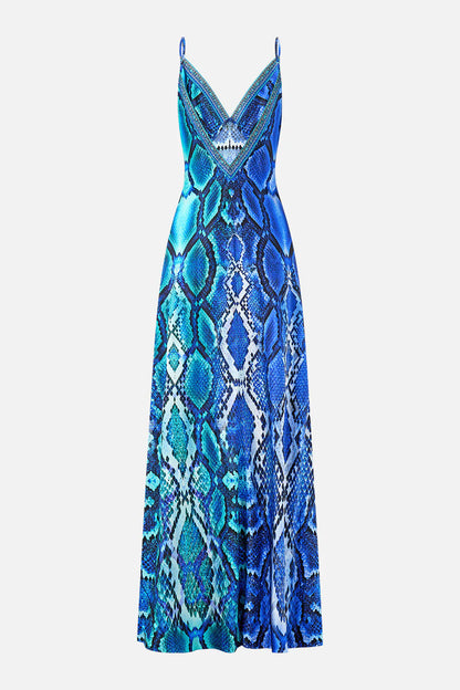 V Neck Full Length Bias Slip Dress