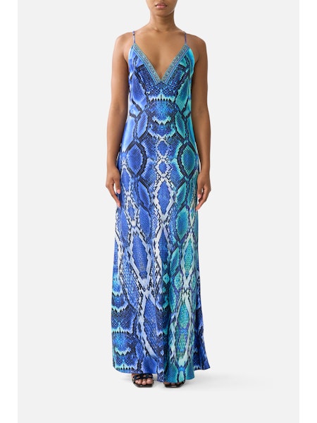 V Neck Full Length Bias Slip Dress