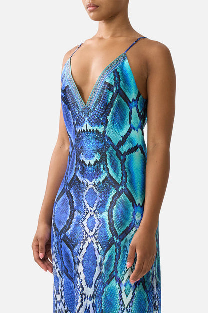 V Neck Full Length Bias Slip Dress
