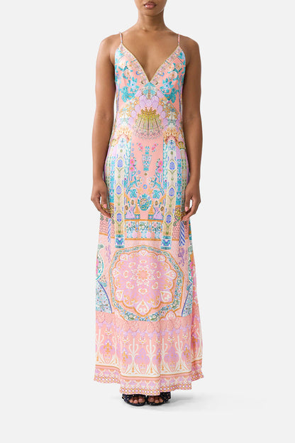 V Neck Full Length Bias Slip Dress