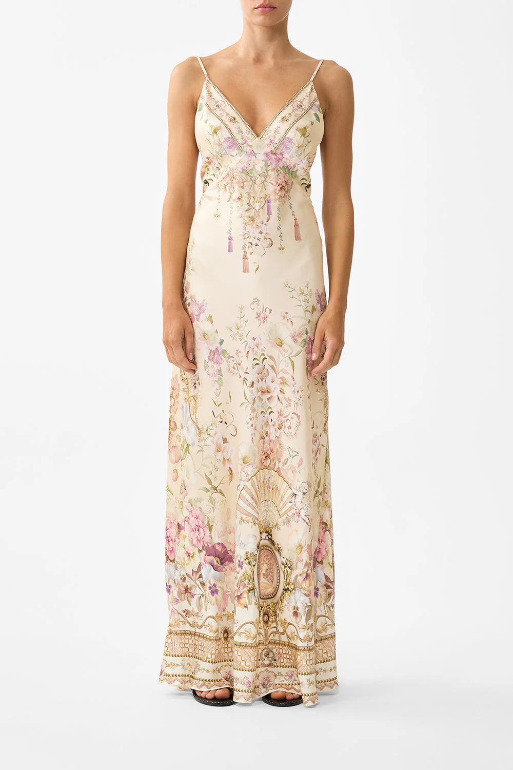 v neck full length bias slip dress