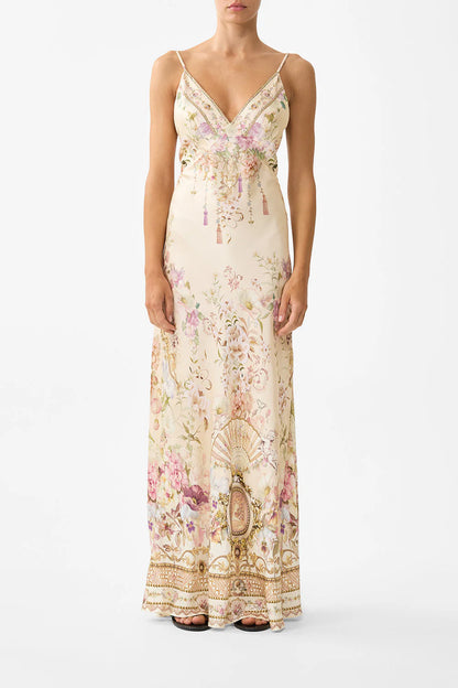 v neck full length bias slip dress