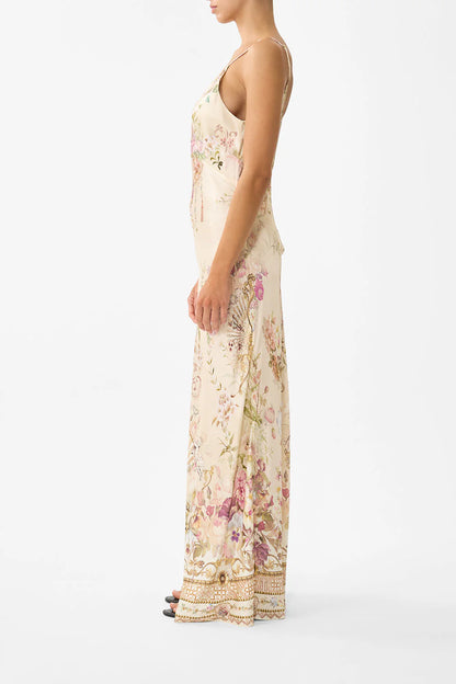 v neck full length bias slip dress