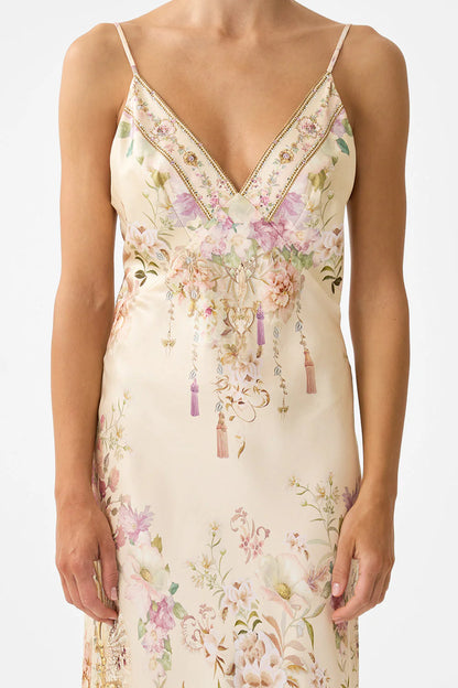 v neck full length bias slip dress