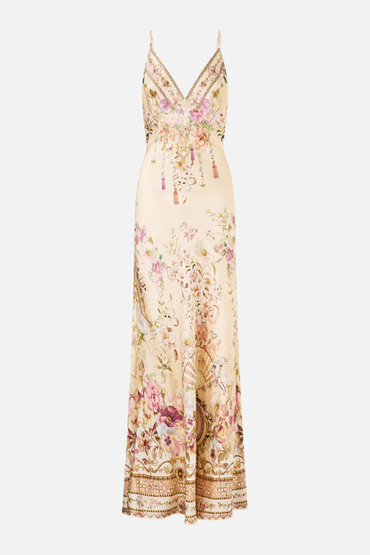 v neck full length bias slip dress