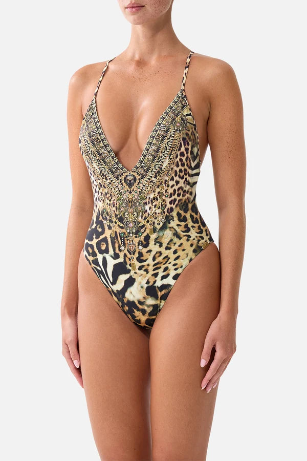 Padded V Neck Cross Back One Piece