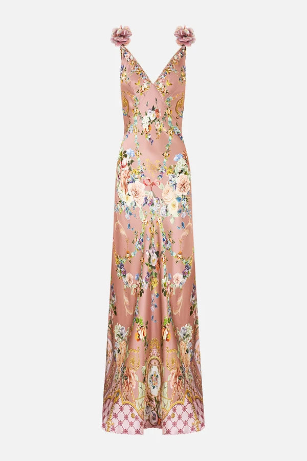 V Neck Bias Slip Dress With Back Frill