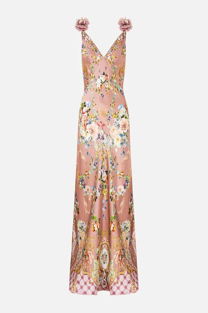 V Neck Bias Slip Dress With Back Frill