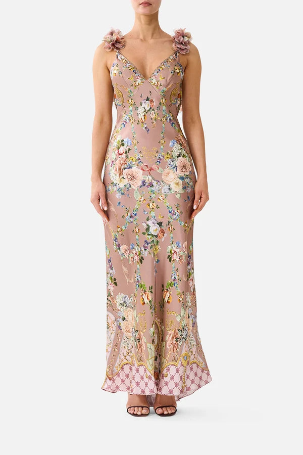 V Neck Bias Slip Dress With Back Frill