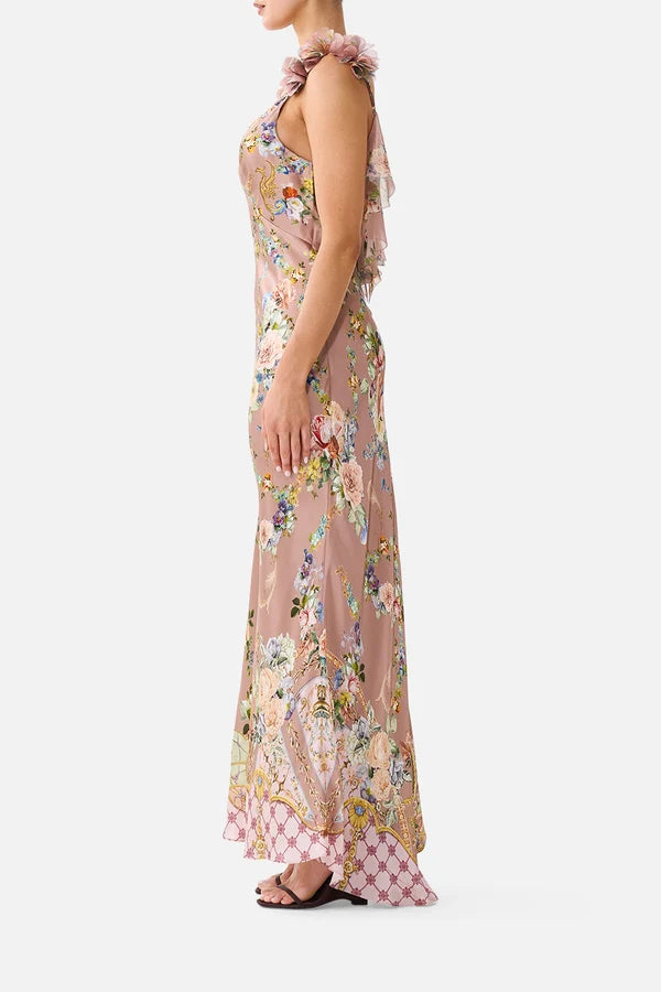 V Neck Bias Slip Dress With Back Frill