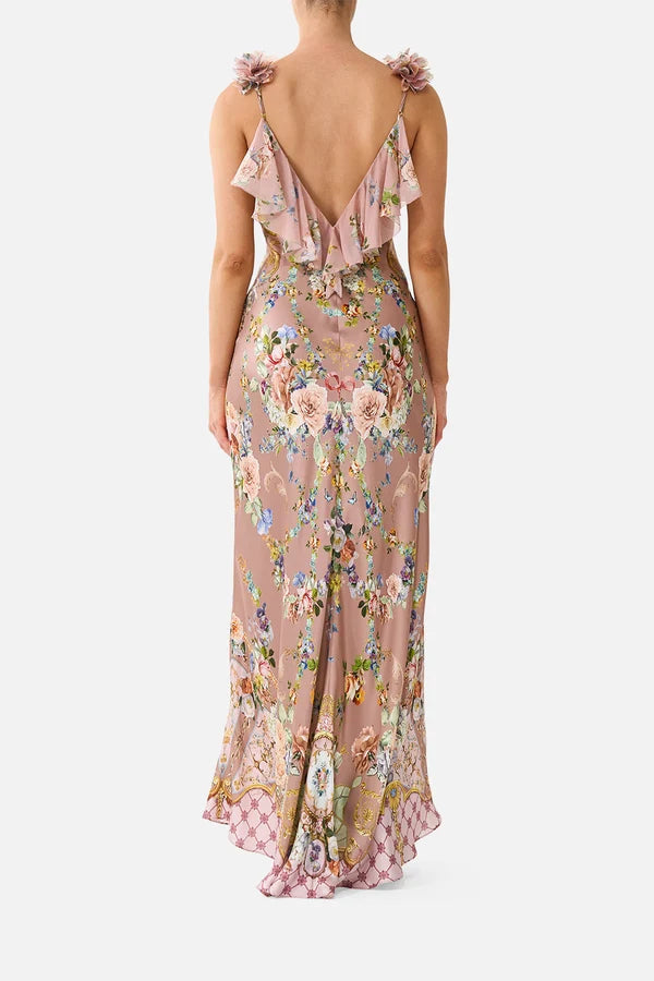 V Neck Bias Slip Dress With Back Frill