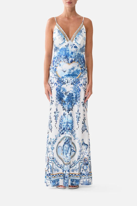 V Neck Full Length Bias Slip Dress
