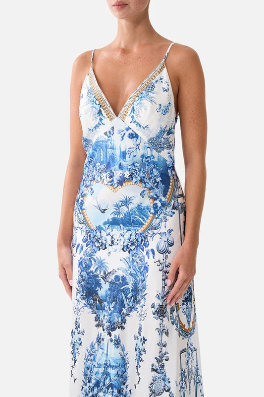 V Neck Full Length Bias Slip Dress