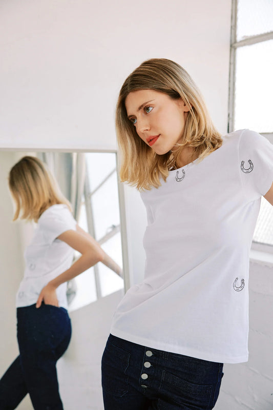 Embroidered Cotton T-Shirt in Horseshoe Print