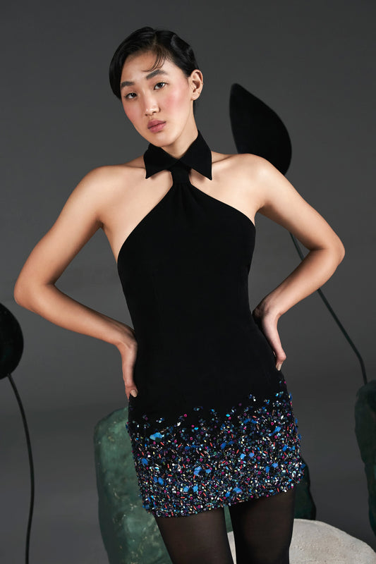 Crystal Crepe Couture Short Dress in Black