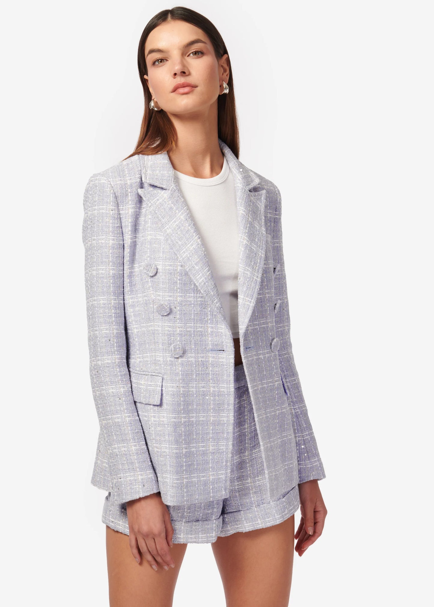 Bruna Tweed Blazer in White/Delphinium