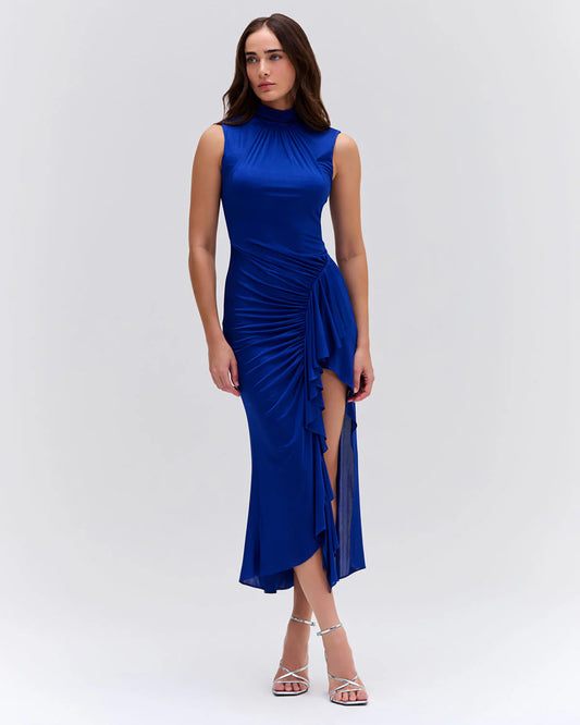 Metallic Jersey Sleeveless Midi Dress in Sapphire - FINAL SALE