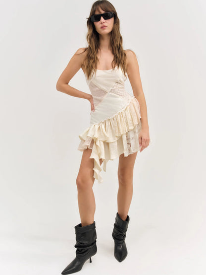 For Love & Lemons - Paulina Patchwork Mini Dress in Cream White
