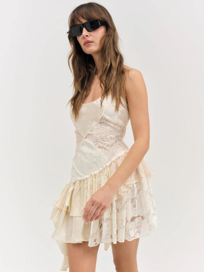 For Love & Lemons - Paulina Patchwork Mini Dress in Cream White