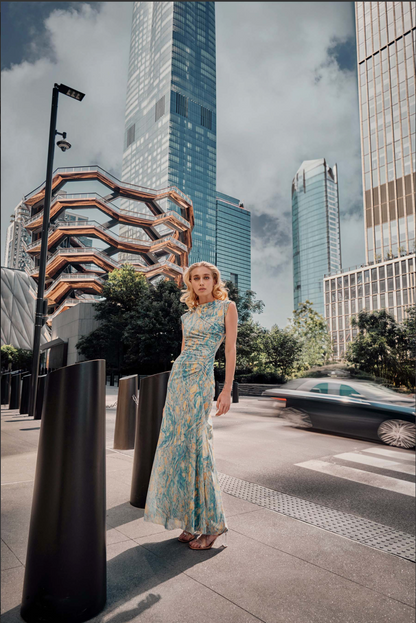 Net Gathered Maxi in Van Gogh Printed