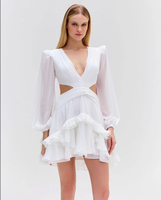 Deep-V Cutout Mini Dress in White