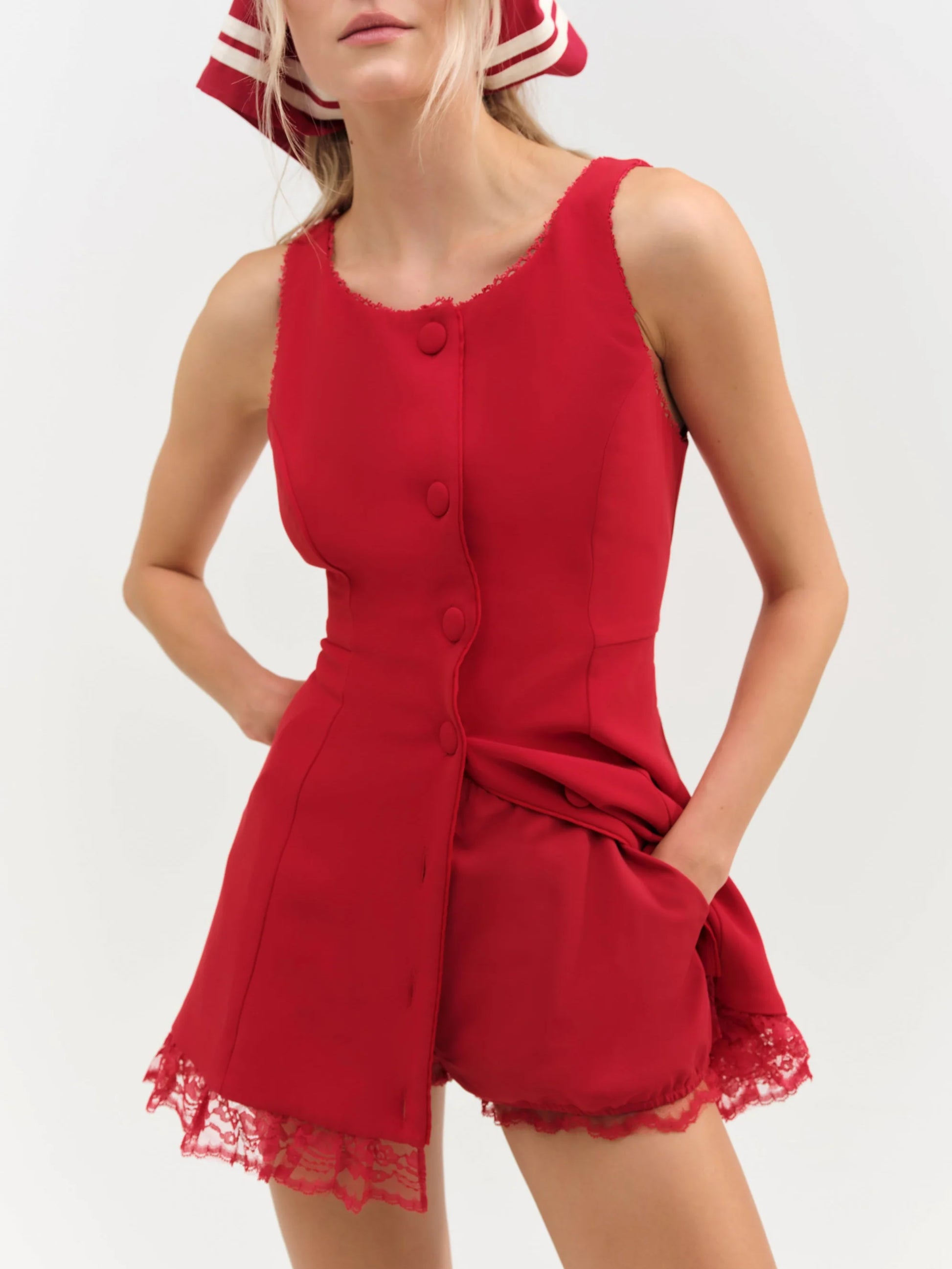red for love and lemons mini dress For Love & Lemons blouson sleeve Mini dress with bow cuffs in red